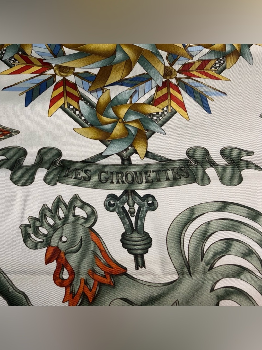 Hermes Silk Scarf Les Girouettes Wind Spinner Weather Vane Pinwheel Green White - Picture 6 of 12